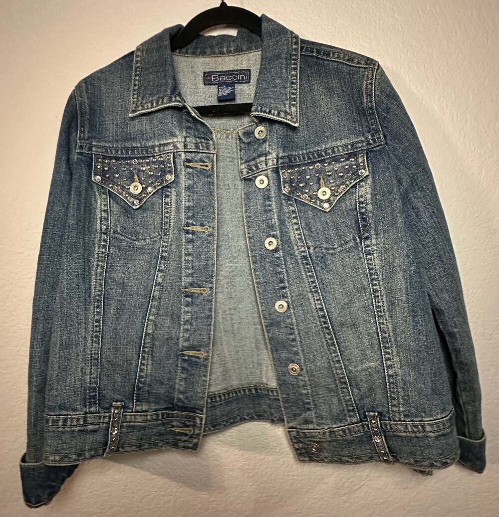 Baccini Vintage Y2K Rhinestone Studded Denim Jean Jacket Size XL